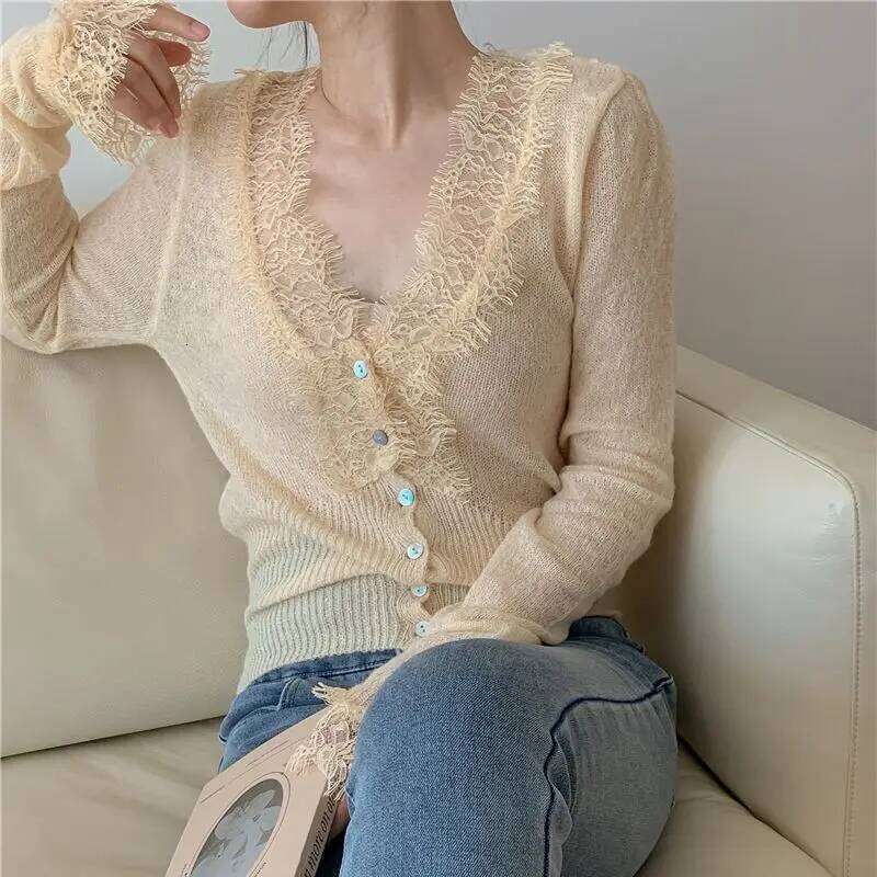 New 2025 Fashion Chic Vintage Sweater Lace Women Autumn Winter Knitted V-Neck Cardigans Elegant Tops Z260313