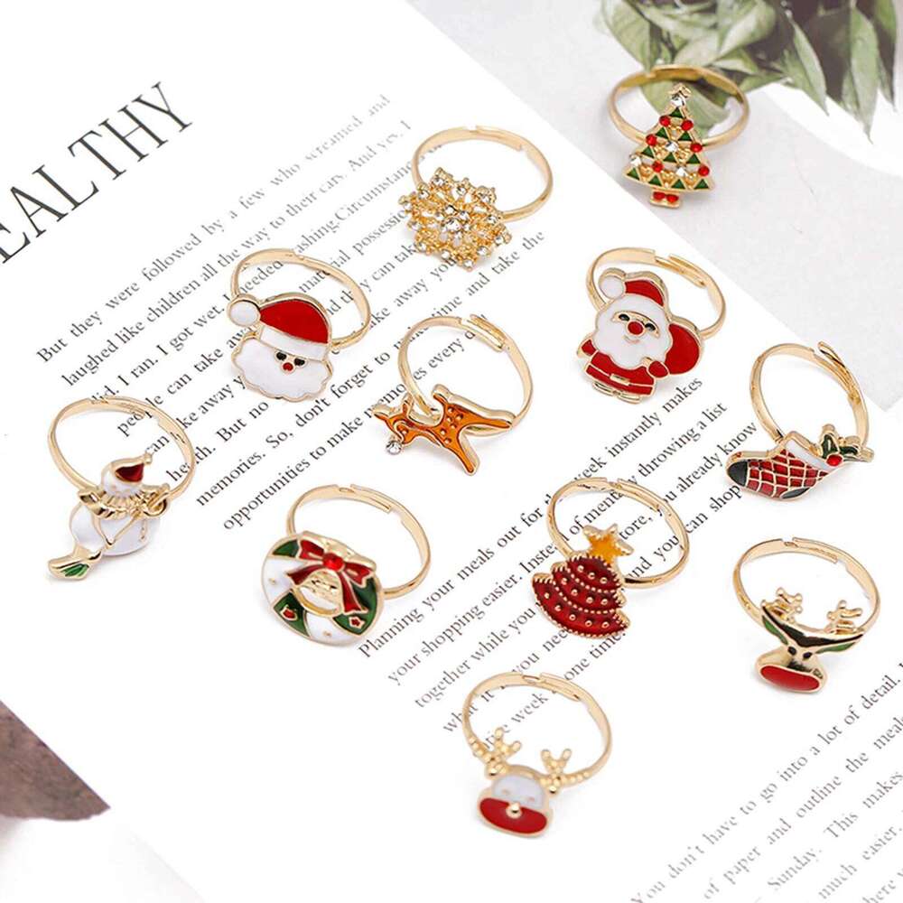 1 PC Open Gold Color Multicolor Enamel Rings Santa Claus Christmas Tree Fashion Jewelry 16mmUS size 5.25 H260312