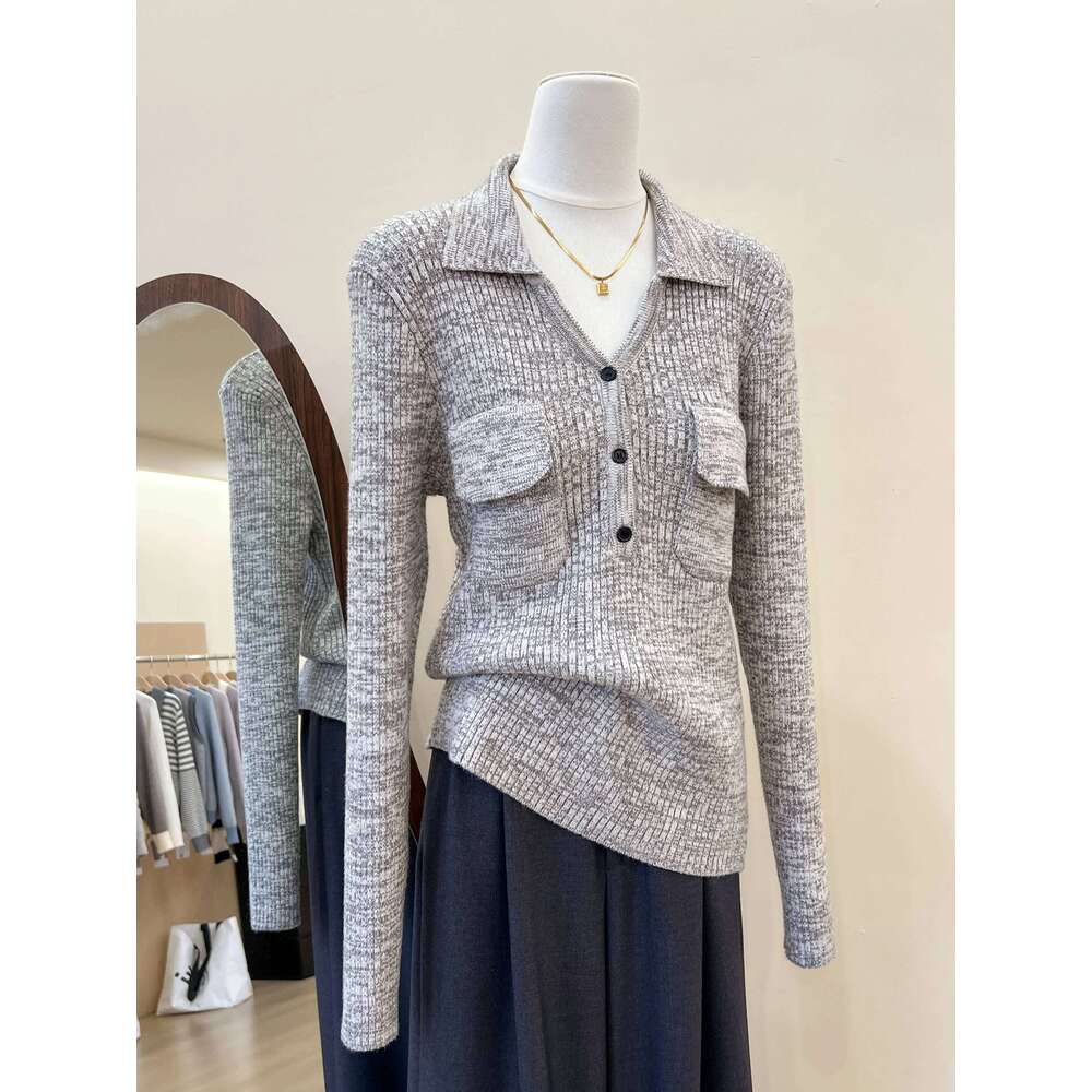 Women'S Polo Collar Long-Sleeved Knitted Base Layer Top Exudes A Sense Of Sophistication Z260313