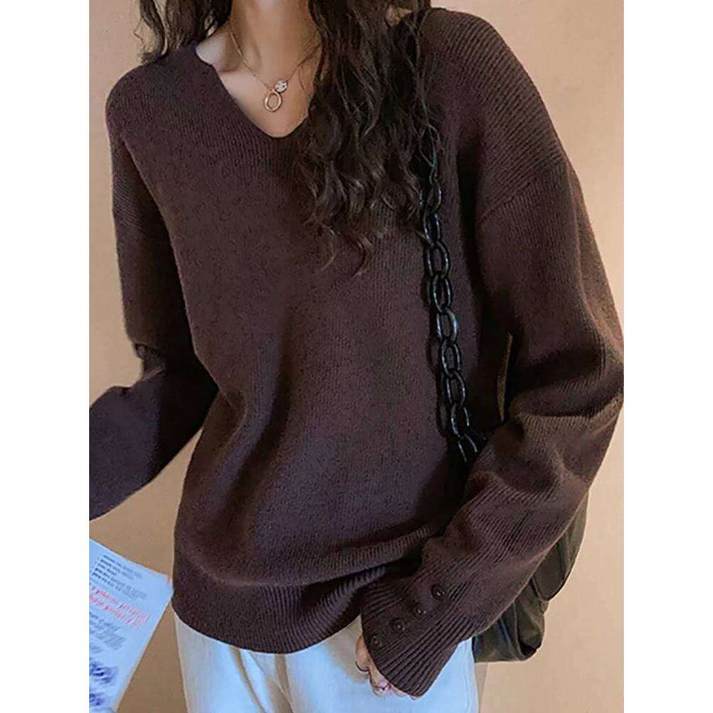 2025 Autumn Winter V Neck Pullovers Loose Button Pullover Women Soft Sweater Jumper Fashion Tops Z260313