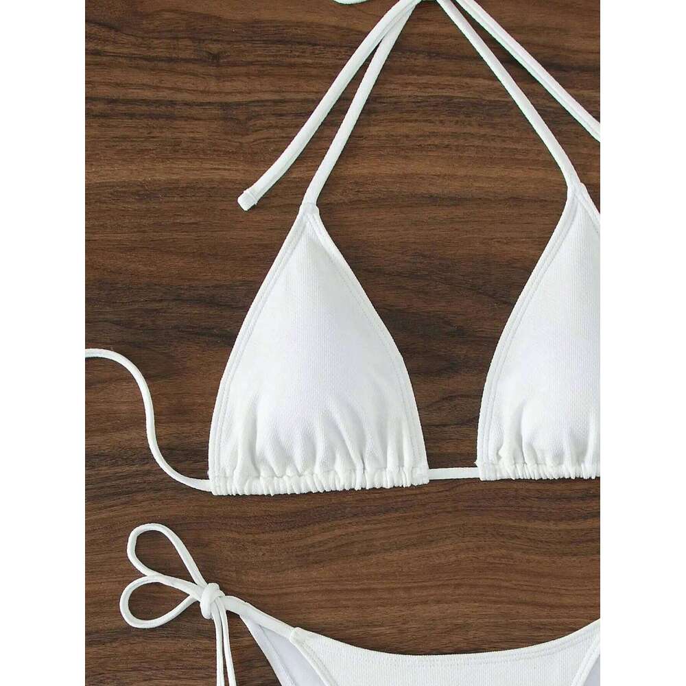 Summer white pure simple front-tie bikini swimsuit set 26H0313