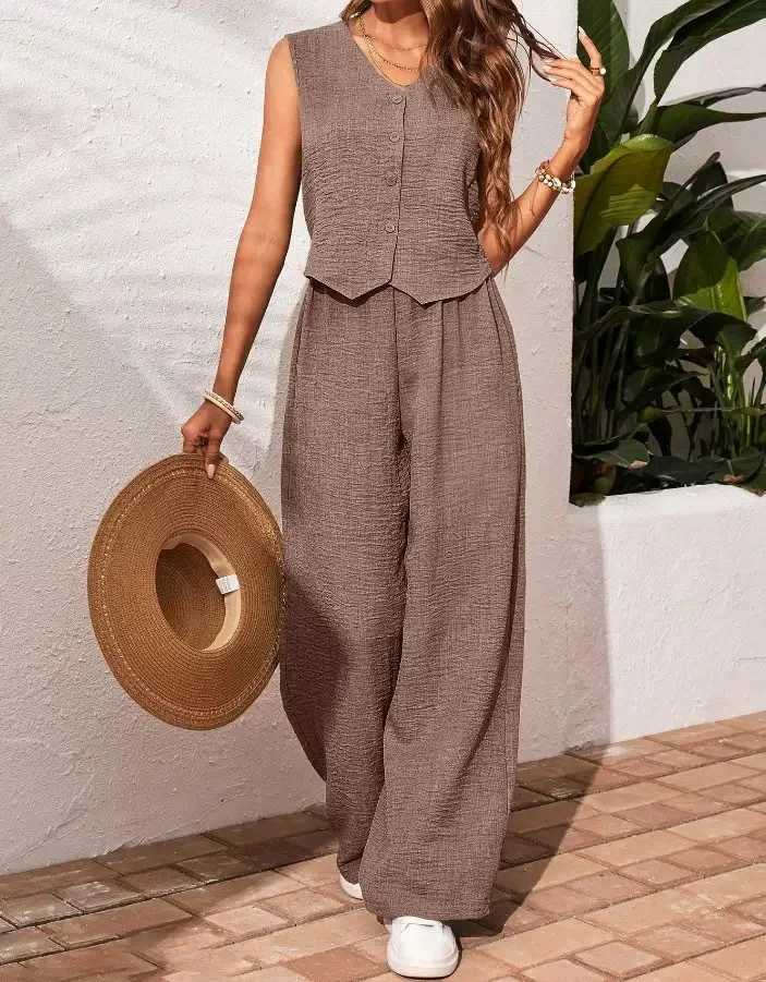 Casual Cotton Linen V-neck Single Breasted Sleeveless Vest wide Leg Pants Womens Fashionable Comfortable Daily Commuting Set M260313