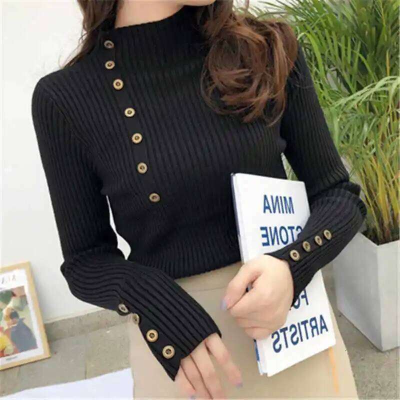 Long Sleeve Black Knitted Pullovers Fashion Mock Neck Knit Sweater Pullover Tops Women Clothing 2025 Q1662 Z260313