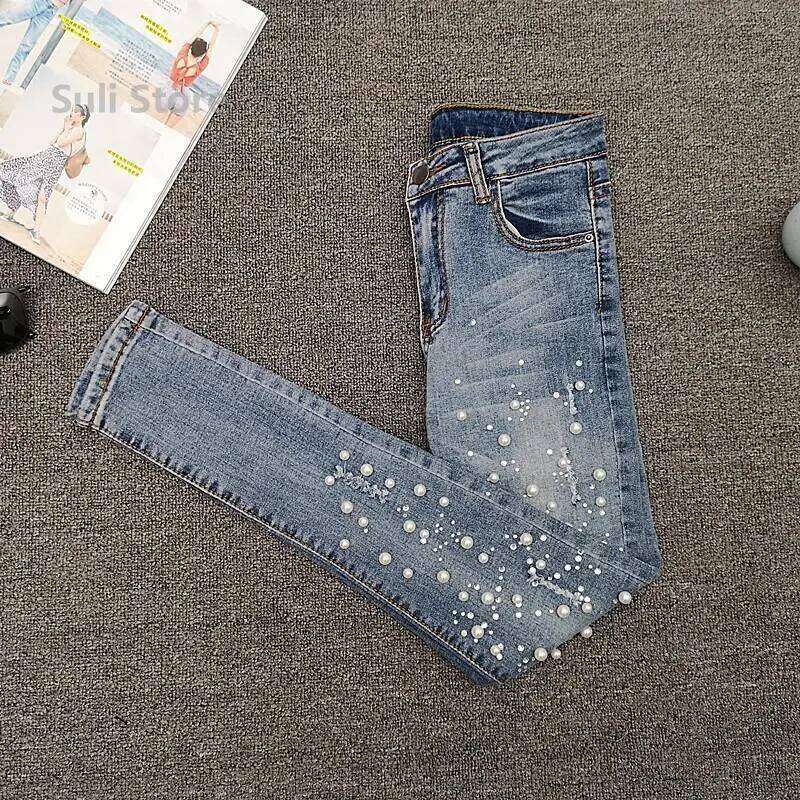 European Station Beaded Jeans Women's Summer 2025 New Versatile Ripped Elastic Skinny Small Foot Nine-point Pants Z260313