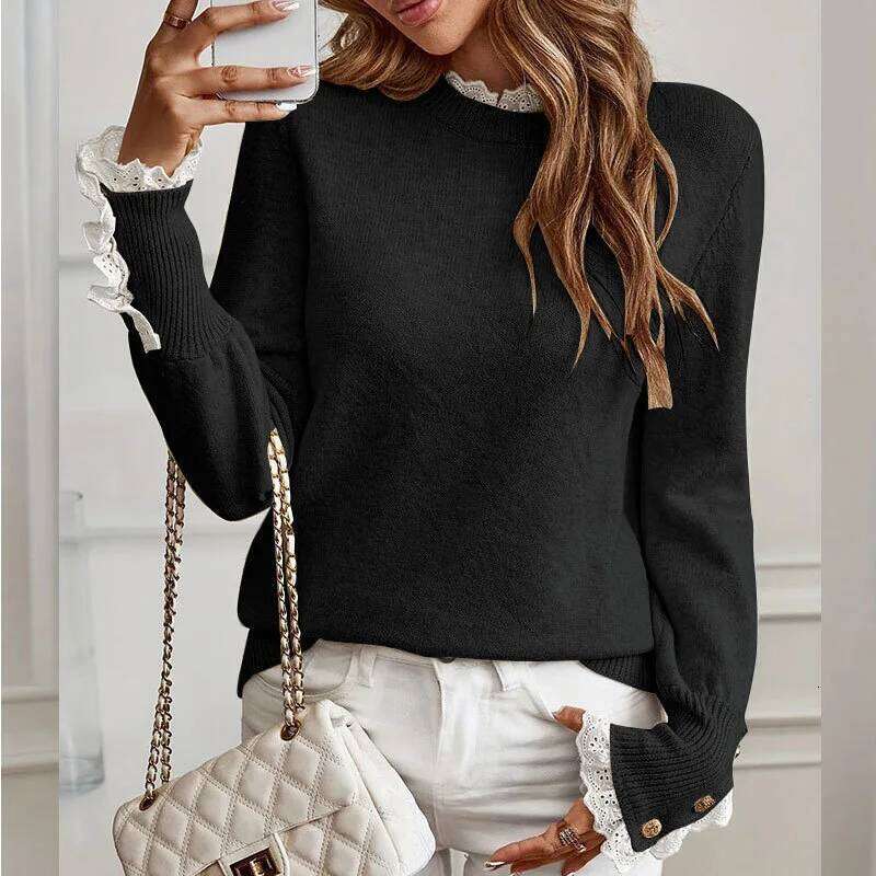 Autumn Winter Women's Knitted 2025 Fashion Lace Round Neck Long Sleeve Pullover Sweater Tops Women Casual Z260313