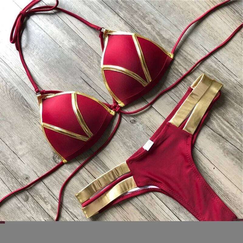 2024 New Red Swimwear Push Up Swimsuit Women Biquini Padded Bathing Suit Gold Stamping Brazilian Set Thong Sexy Bikini Y260303