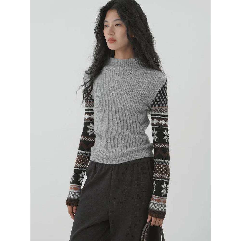 Vintage Jacquard Half High Collar Sweater Women's Casual Slim Tops Knitted Pullovers Long Sleeved Spliced Knitwear Sueter Z260313