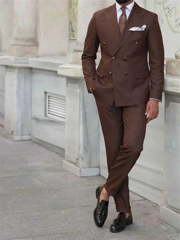 2 Piece Chic Brown Male Suit Slim Fashion Peak Lapel Business Causal Clothing Prom Wedding Party Tuxedo Costume Homme M260313