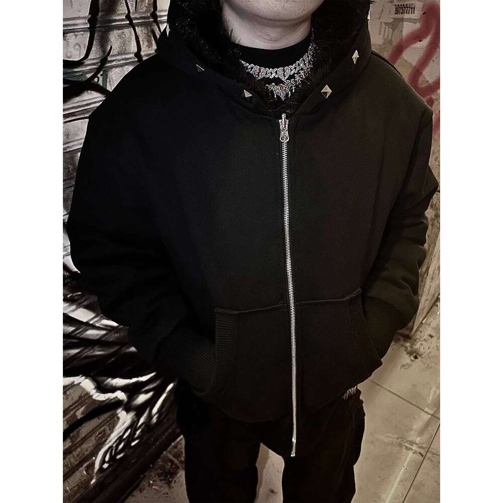 Mauroicardi Winter Short Cool Warm Soft Hairy Faux Fur Coat Men with Hood Rivet Luxury Punk Style Clothes Fluffy Jacket Z260313