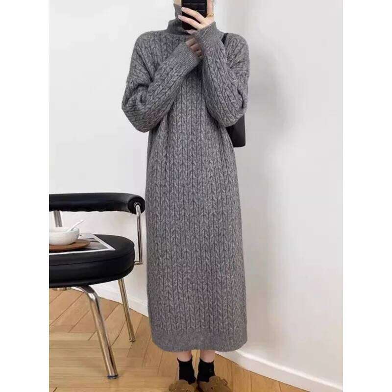 Korean High-neck Twist New Lazy Style Autumn Winter Loose Bottoming Long Knitted Dress Z260314