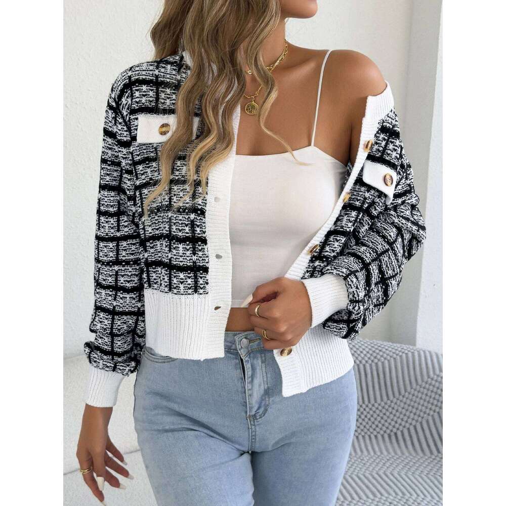 2025 Elegant Contrast Color Plaid Knitted Cardigan Sweater Single Breasted Lantern Long Sleeve Coats Women Autumn Winter Casual Z260314