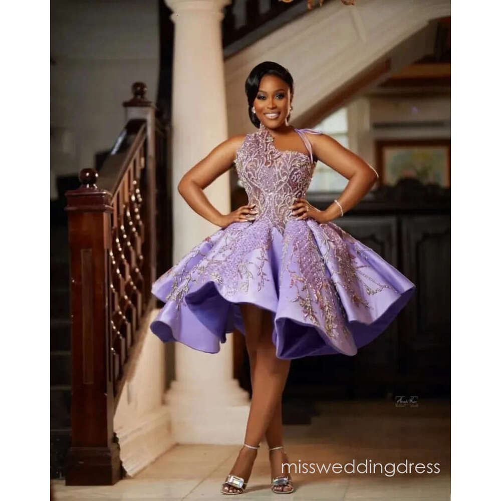 Lilac Homecoming Dresses A Line One Shoulder Beaded Crystals Lace Satin Knee Length Prom Evening Graduation Gowns Short Party Ball Gown Robes 9P23
