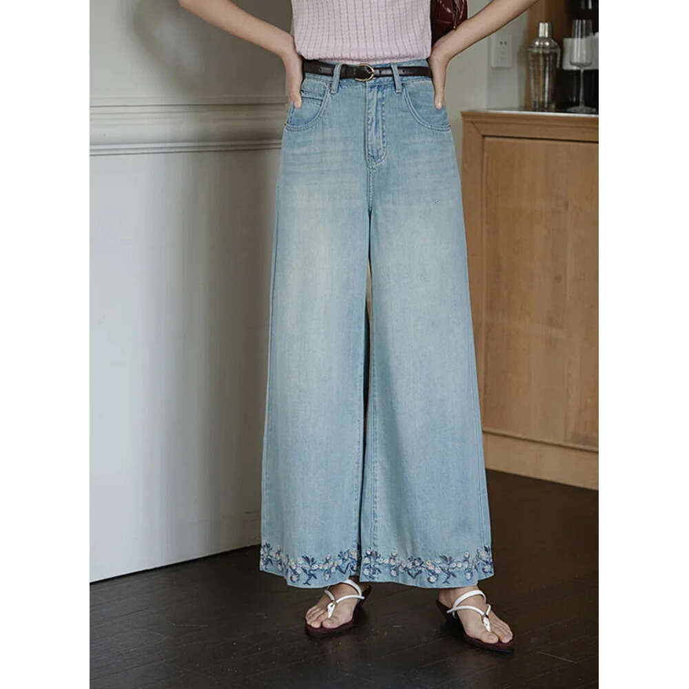 MISHOW Women Flower Embroidery Wide Leg Pants 2025 Summer Office Lady Fashion High Waist Slim Jeans Female Clothing MXE37K0991 Z260313