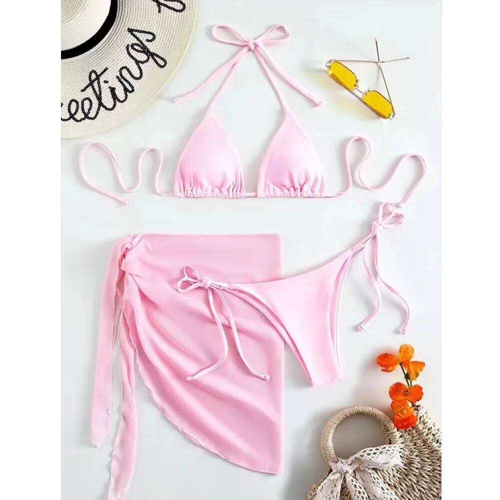 New Neon Yellow 3 Pieces Set Swimsuit Women Thong Swimwear Sexy Micro Bikini With Sarong Skirts Beach Wear Bathing Suit Swim Y260303