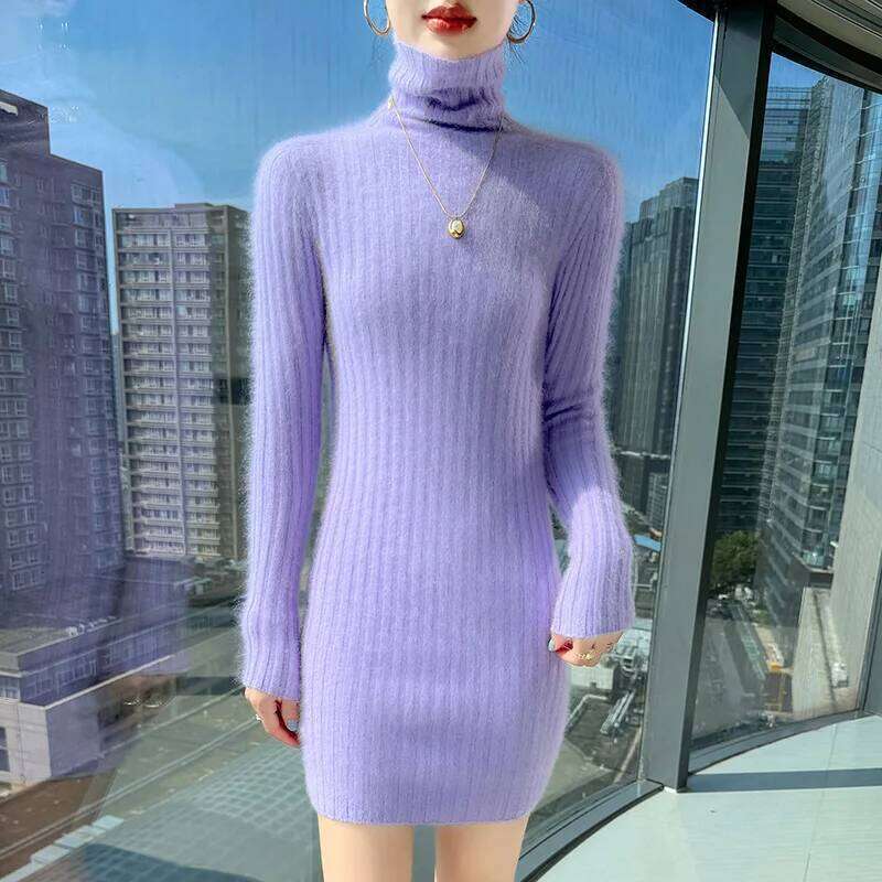 100% Pure Mink Cashmere knitted Dress Women's High-Neck Slim Medium-length Skirts Fashion Sprout Joker High Waist Hip Skirt 2025 Z260314