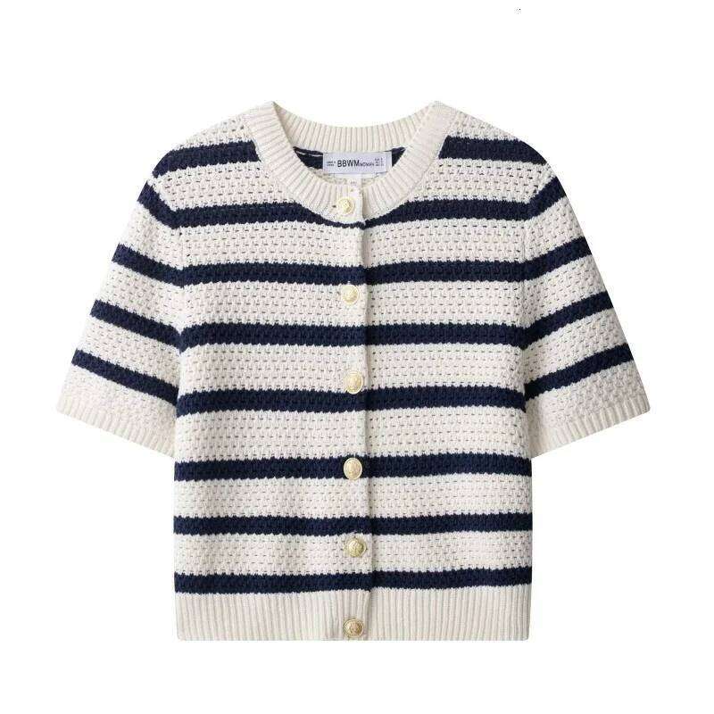 Women Vintage Striped Knit Cardigan Short Sleeves Single Breasted O-Neck Button-up Sweater Summer Casual Tops Z260313