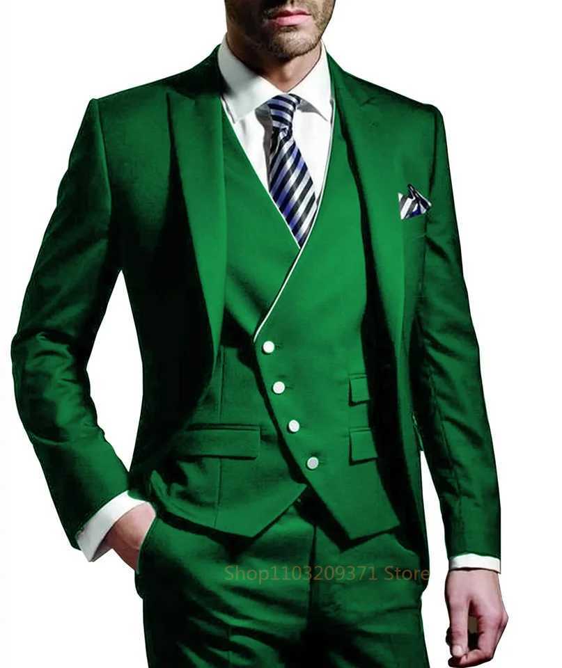 Post Green 2024 Suits Men Suits 3 Pieces Wedding Wear Business Male Groom Wedding Dress Jacket Vest Pants Set Blazers Coat M260313