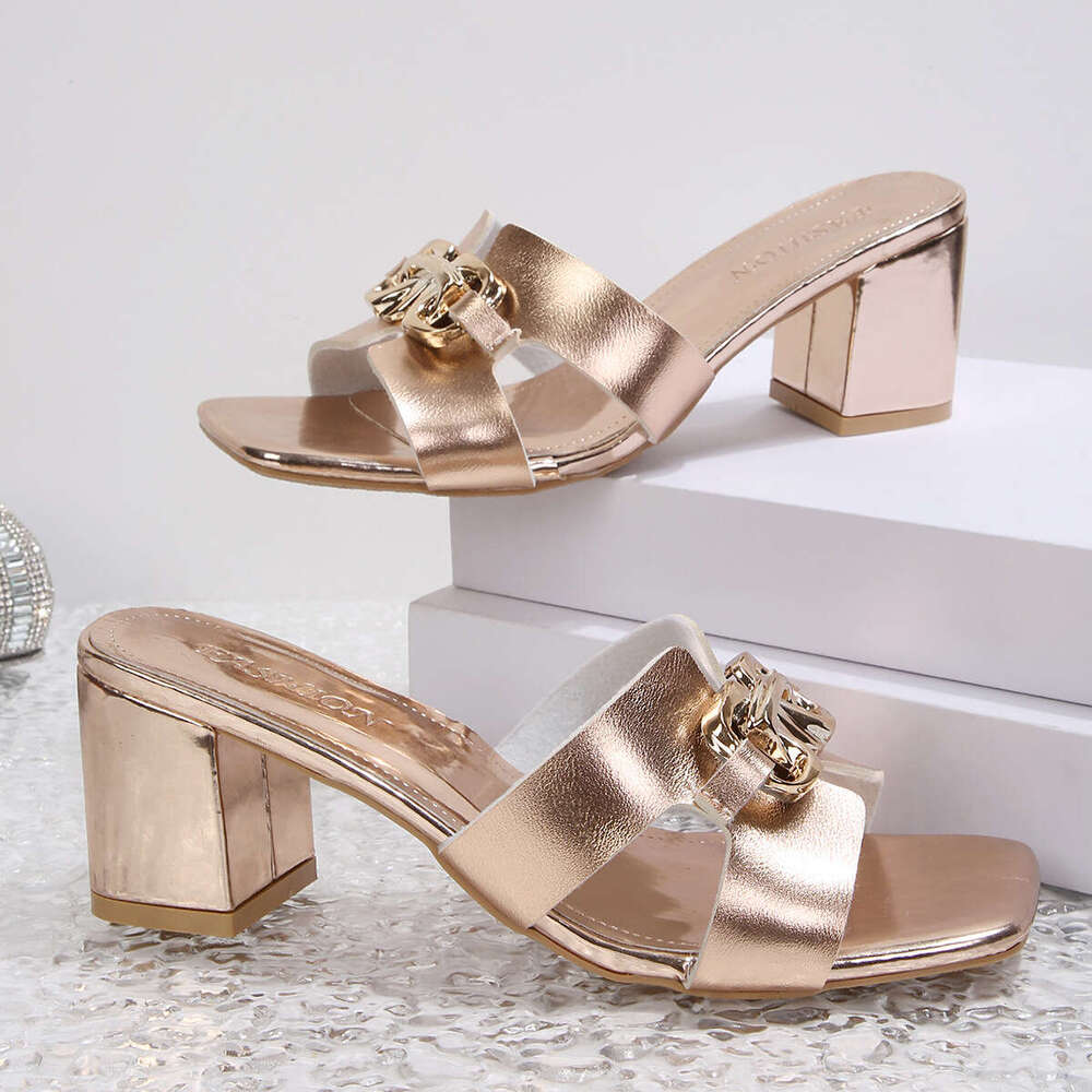 French Style Mid-heel Slippers Open Square Toe Sandals for Women 2026 New Summer Model with Metal Chunky Heel Slippers for Women
