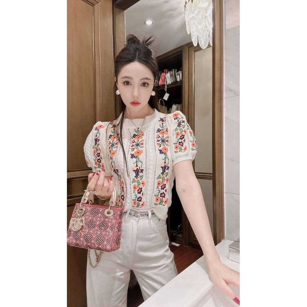 Vintage Elegant Embroidered Knitted Sweater Tshirt Women Summer Puff Sleeve O-neck Tops Pullovers Stylish Fashion Chic Knitwear Z260313