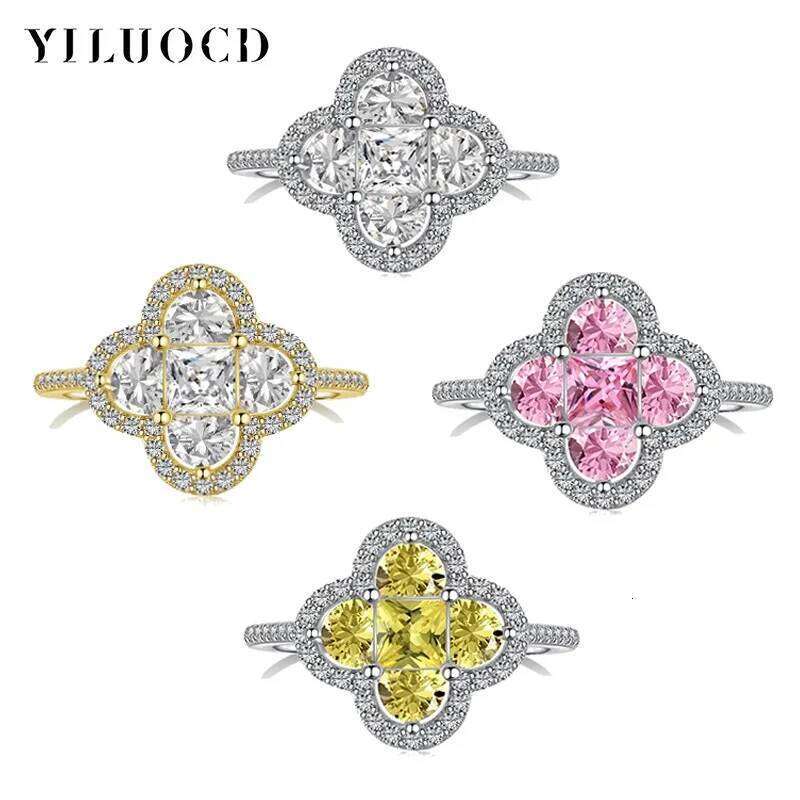 YILUOCD Shiny 5A Cubic Zirconia Four Cr Rings for Women CZ Lucky Ring Daily Classic Jewelry Lady Party Banquet Gifts H260312