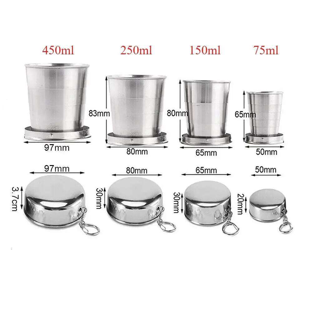 Foldable Cup with Lid 75ml-450ml Stainless Steel Shot Glass, Rustproof&Flexible, Easy-Carry Keychain For Travel,Fishing&Camping Z260313