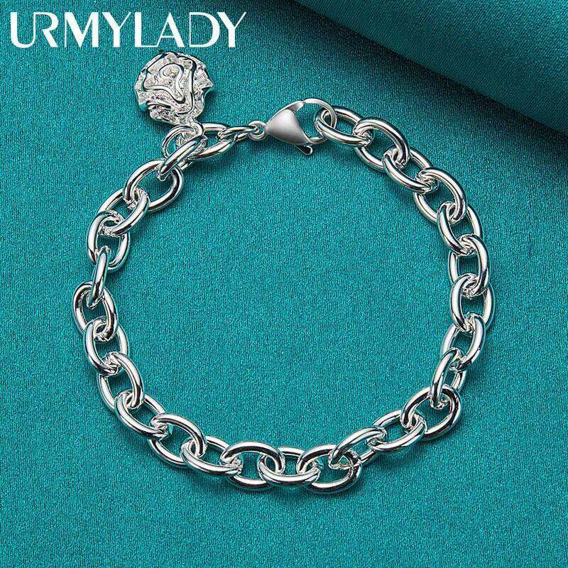 URMYLADY 925 Sterling Silver Rose Flower Pendant Bracelet For Women Wedding Engagement Party Fashion Charm Jewelry Gifts Z260313