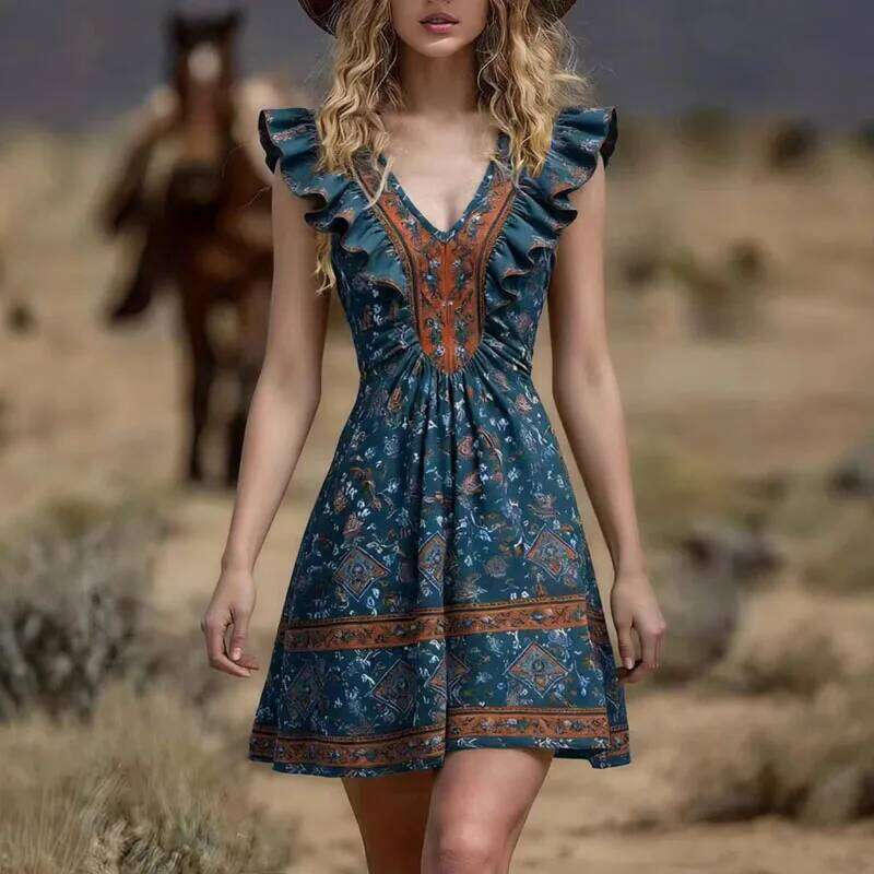 Ethnic Woman Clothes 2026 New Spring Elegant V Neck A-Line Party Dresses Summer Butterfly Sleeve Ruffle Print Mini Dress Vestido