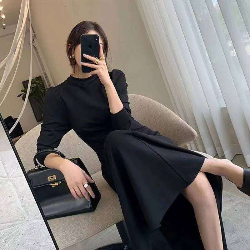 Elegant Fashion Harajuku Slim Fit All Match Women's Clothing Loose Casual Mid Length Skirt Solid Patchwork Long Sleeve Dresses Z260313