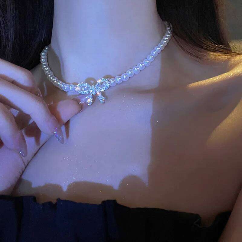 Y2k Bowknot Pearl For Women Elegant Korean Style Rhinestone Heart Pendant Necklace Fashion Wedding Party Jewelry Gift H260312