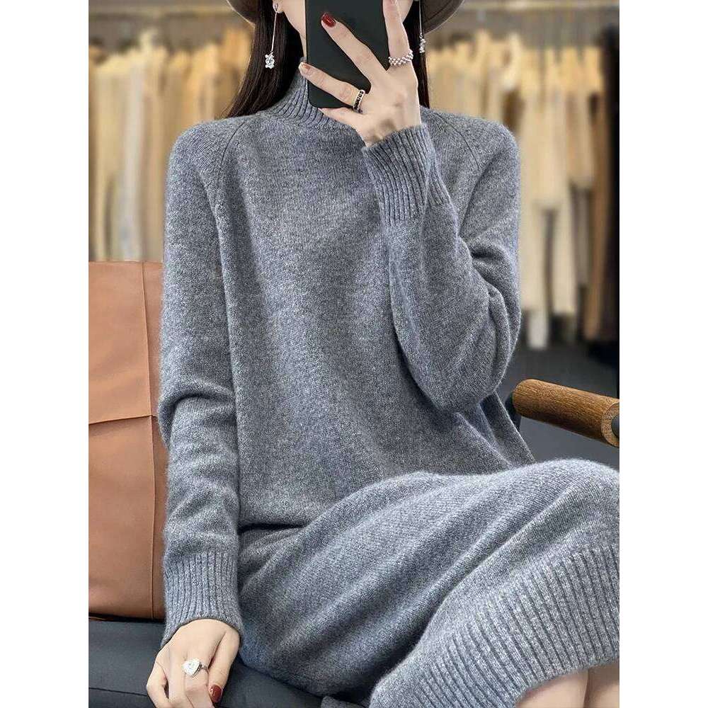 New Women Sweater 100% Merino Wool Long Autumn Winter Mock Neck Quality Cashmere Knitwear Basic Grace Dress Z260314