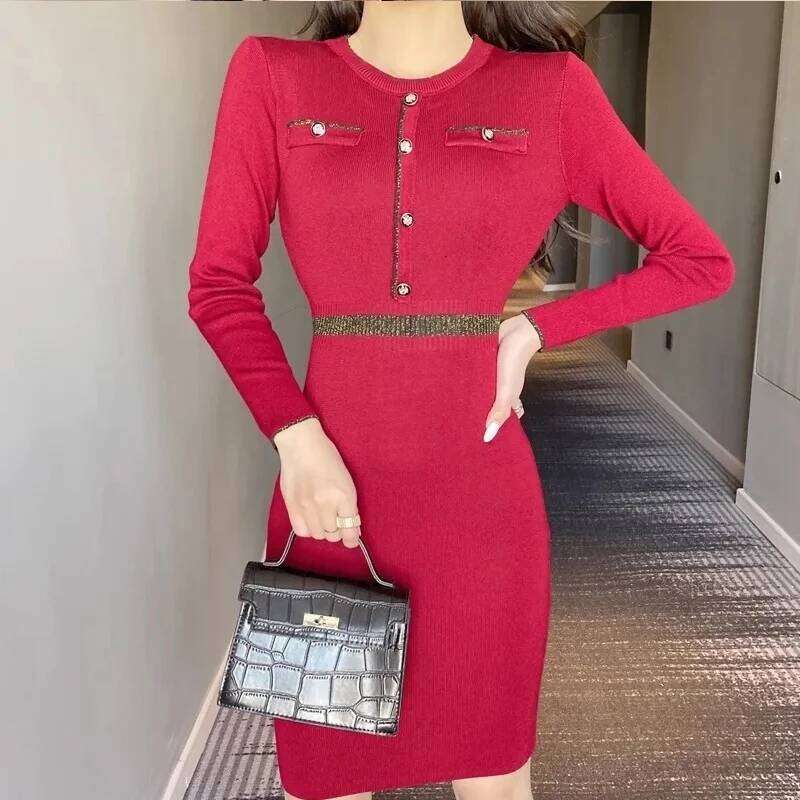 YuooMuoo Chic Fashion Sexy Package Hips Knitted 2025 Autumn Winter Slim Waist Bodycon Sweater Dress Office Lady Vestidos Z260313