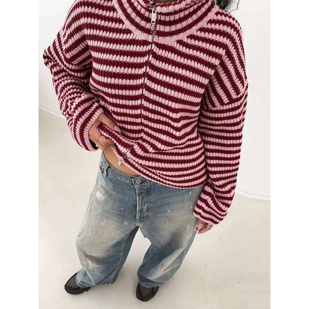 Loose Striped Women's Knit Cardigan Double Zipper Long Sleeve Stand Collar Female Sweater 2025 Autumn Winter Lady Lazy Knitwear Z260313