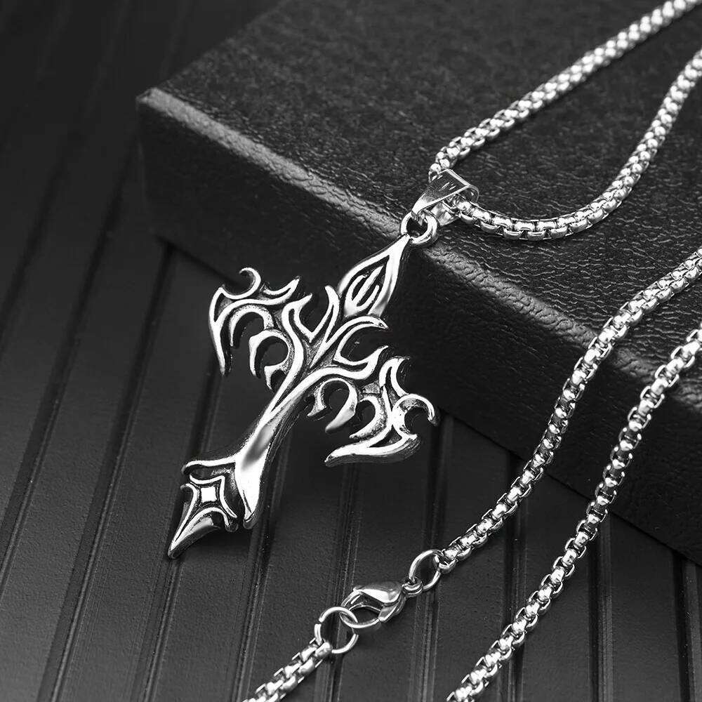 Hip Hop Fashion Jewelry Unique Design Stainless Steel Flame Cross Pendant Necklace Goth Necklaces Gift for Women Men H260312