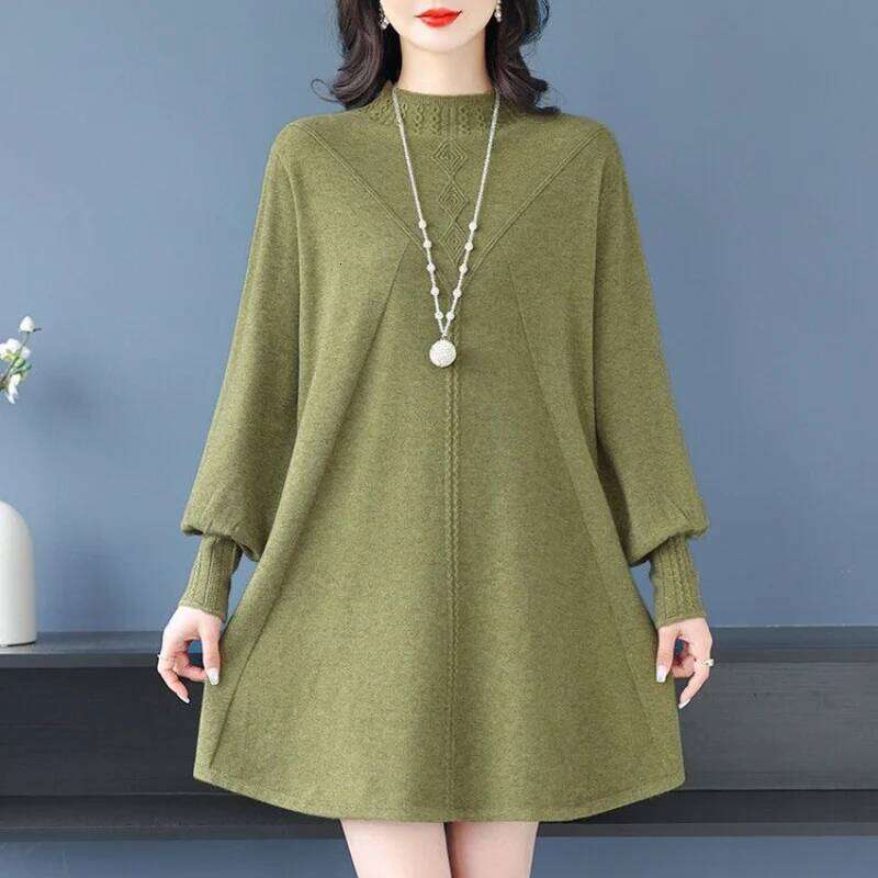 Mid-length Sweater for Women Spliced pullover Round Neck Bottoming Knitted Autumn and Winter New Loose A-line Dresses Z260314