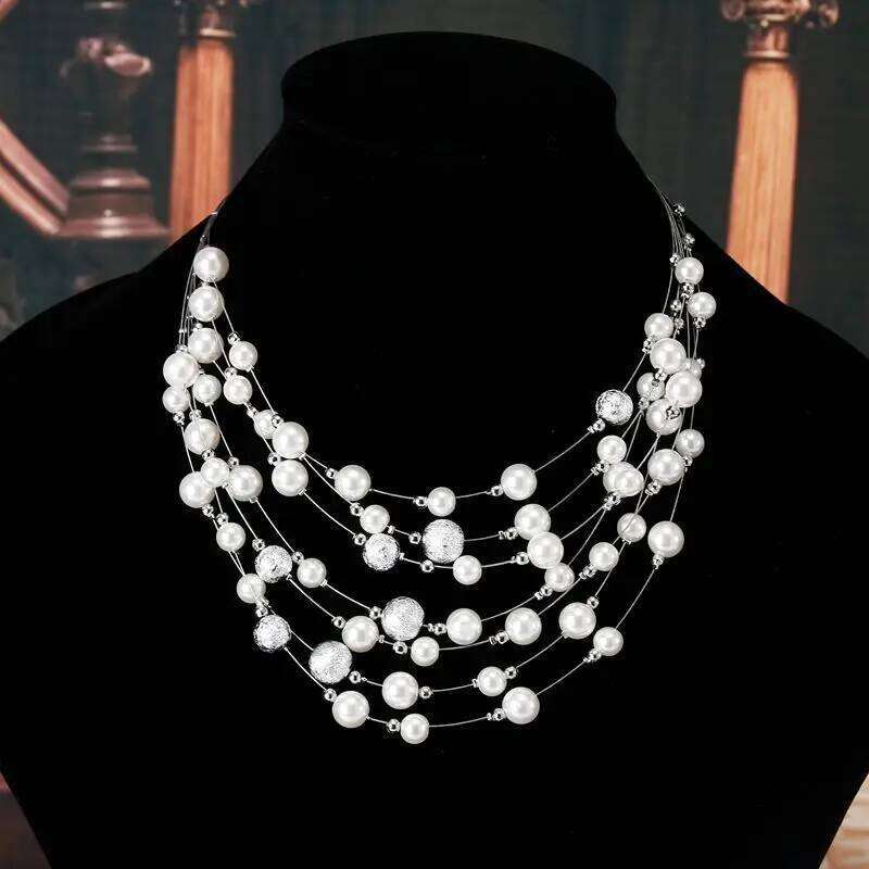 KMVEXO 2020 New Fashion Jewelry Gold Color Multi Layer Chains Imitation Pearl Necklaces For Women Party Wedding Bride Necklace H260312
