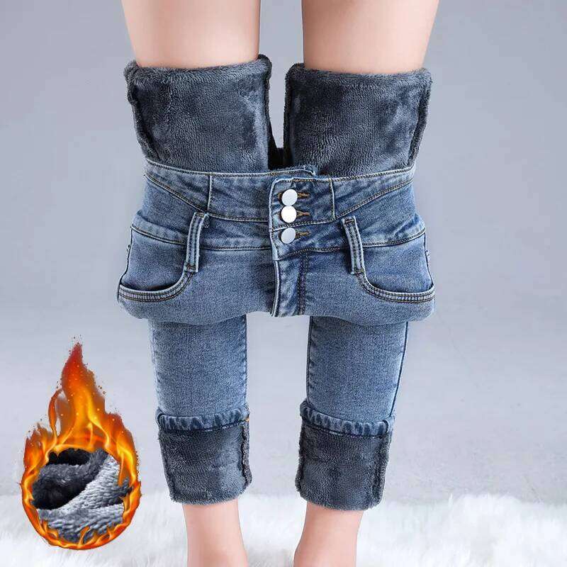 Women Thermal High Waist Winter Snow Warm Plush Stretch Jeans Lady Skinny Thicken Students Denim Pants Fleece Fur Trousers Z260313