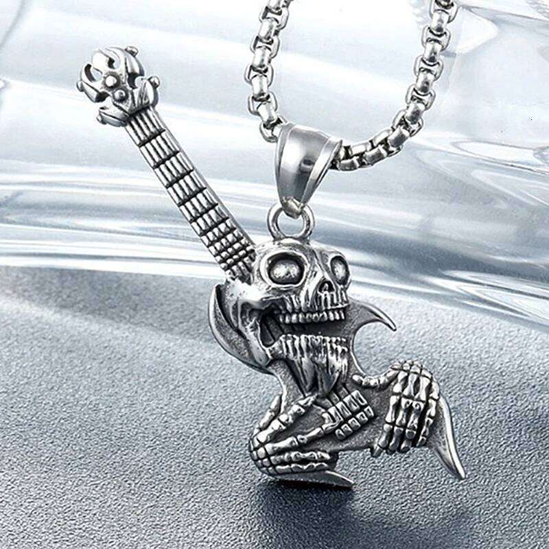 Hip Hop Rock Skeleton Men Guitar Instrument Pendant Necklace Retro Punk Silver Color Stainless Steel Chain Neck Jewelry Gifts H260312