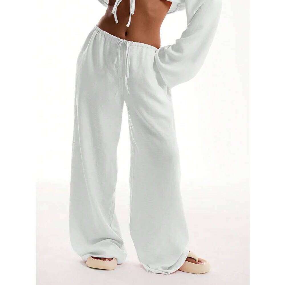 Casual Oversized White Solid Wide Leg Pants Fashion Women Elastic High Waist Pocket Baggy Sweatpant Office Lady Commute Trousers