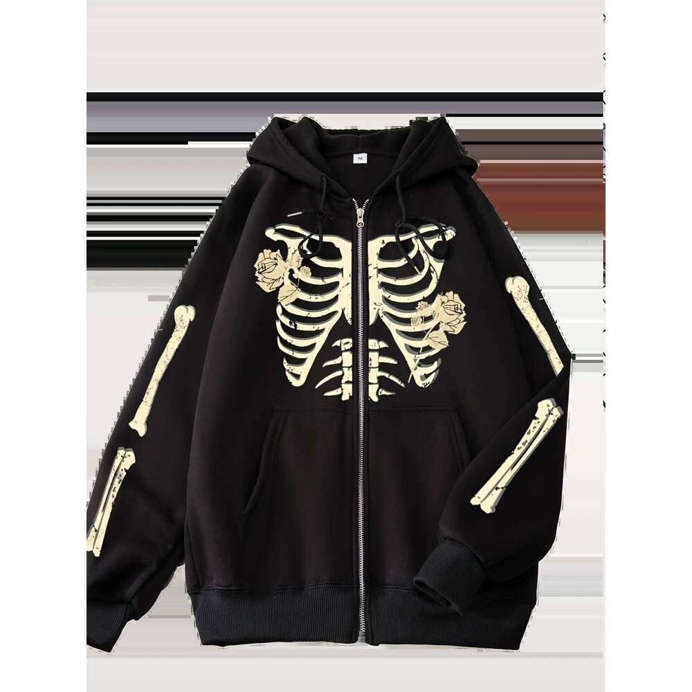 New hooded zip-up Men Winter 100%Cotton skeleton print woman Vintage fleece sweatshirt Casual fall clothes y2k oversized hoodie 26Y0313