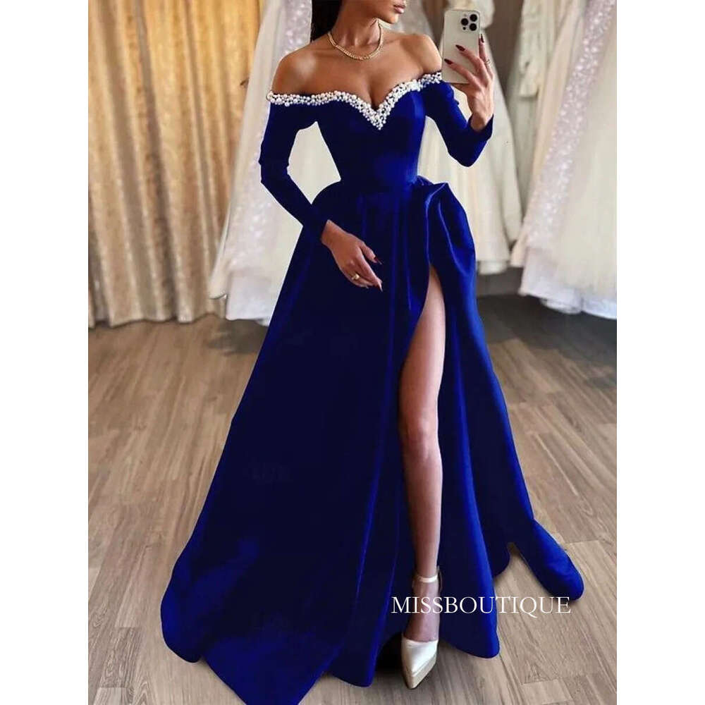 Elegant Royal Blue Prom Dresses A Line Long Sleeves Off Shoulder High Split Evening Gowns With Beads Sequins Women Formal Occasion Robes De Soiree Bc1