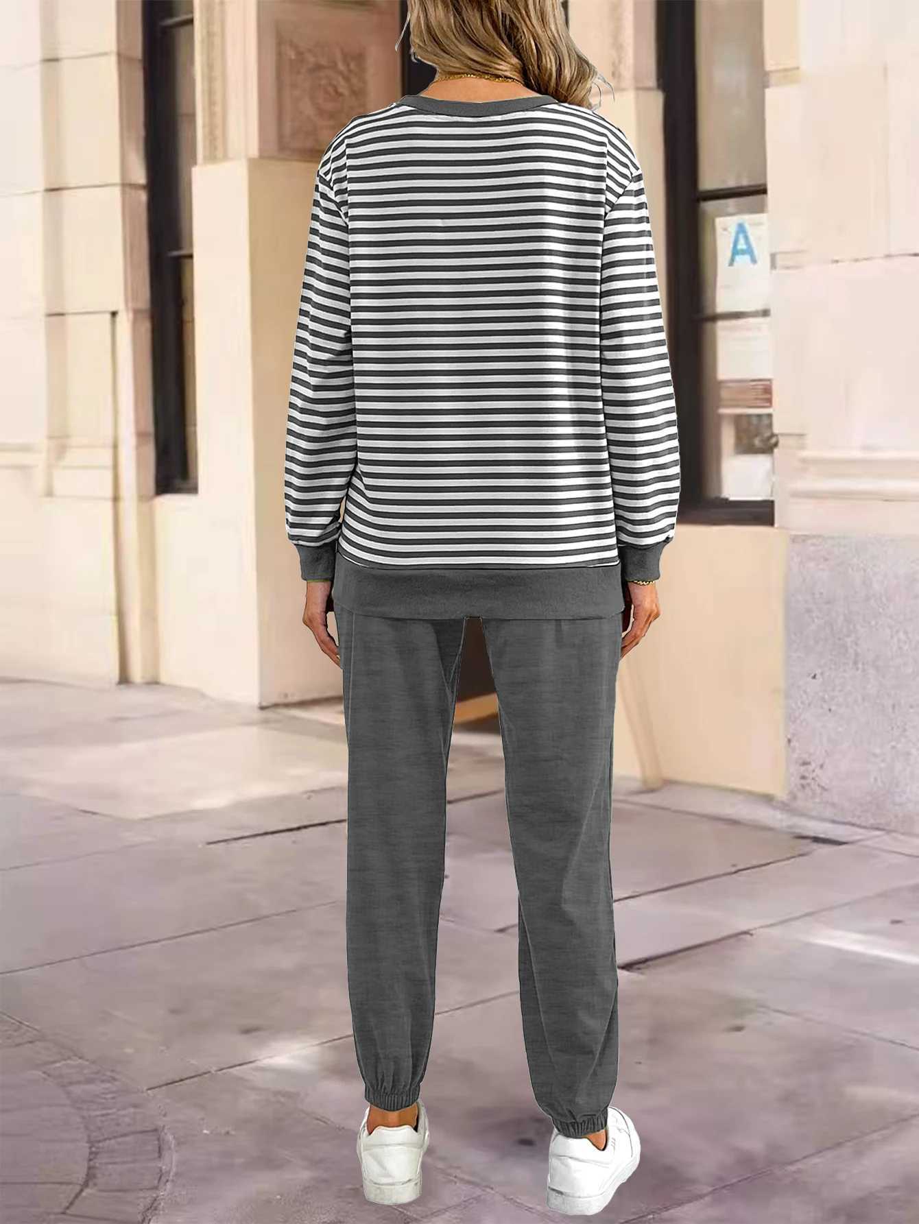 Women Striped Long Sleeve Two-Piece Set Loose wiTH PoCKets Casual Sportswear Outfit for Outdoor Shopping M260313