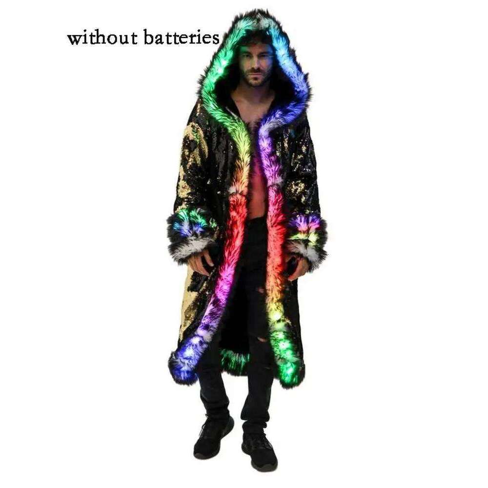 New LED Costume Long Hooded Flash Clothes Burning Man Clothing Men's Faux Fur Coat Z260313