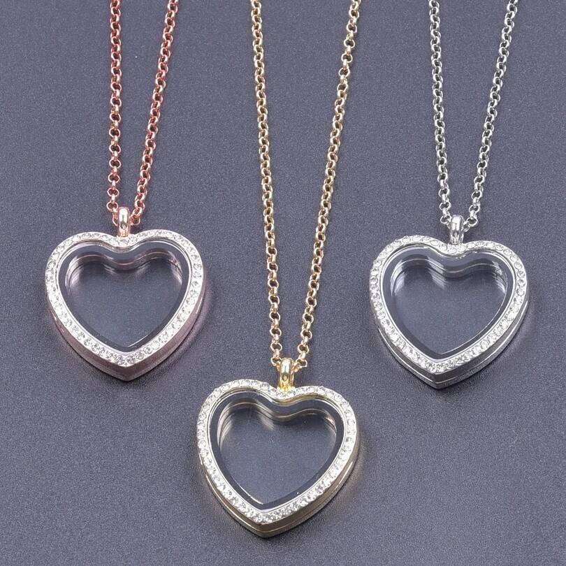 Heart Locket Pendant Necklace For Women Men Accessories Rhinestone Floating Lockets Charm Necklaces Fashion Jewelry Gift 3 Color H260312