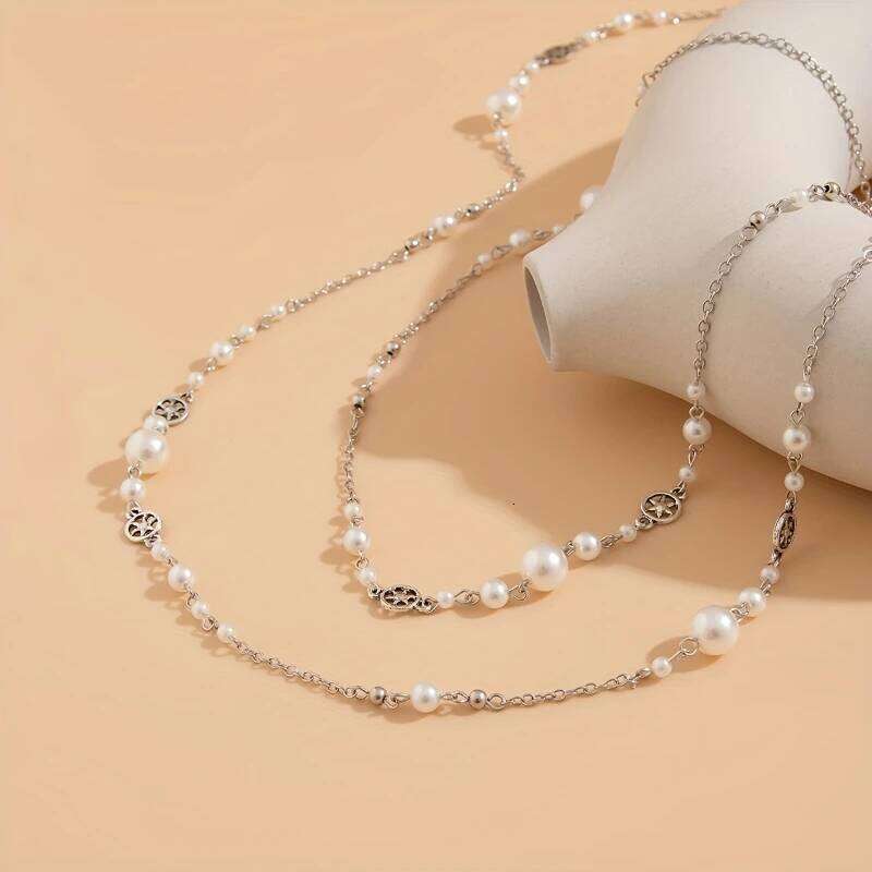 French Retro Imitation Pearl Hollow Stars Long Necklace Ladies Personalized Trend Double Layers Stacked Accessories Jewelry H260312