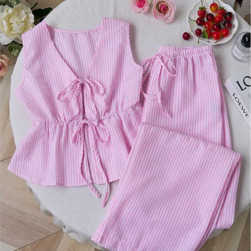 Striped New Two Piece Set Summer V Neck Lace Up Sleeveless Blouse High Waist Wide Leg Pants Sets Casual Solid Women Sets M260313