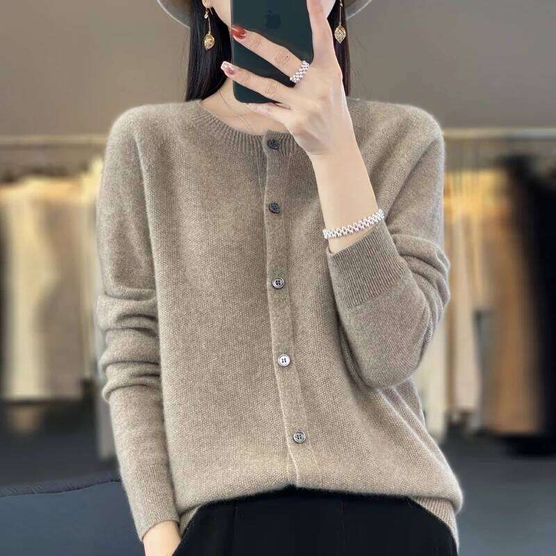 Women Cardigan Knitwear 100% Merino Wool Sweater O-neck Autumn Winter Clothes Female Long Sleeve Casual Classy Basic Soft Tops Z260314