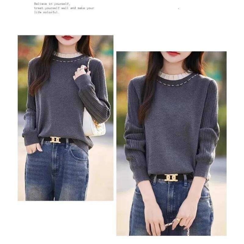 Solid Color Pullover Women's Beaded Loose Fashionable Bottoming Knitted Sweater Autumn and Winter Top Z260313