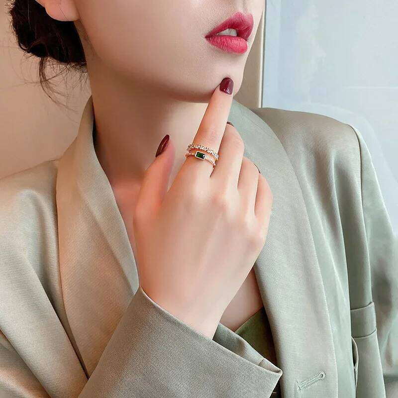 LATS Luxury Green Zircon Gold Color Double Open Rings for Woman 2022 New Fashion Goth Finger Jewelry Wedding Party Sexy Ring H260312