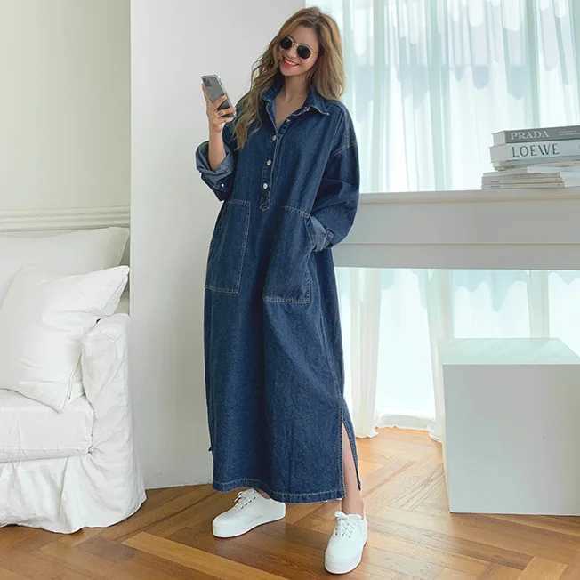 Long Dress Women Denim Dresses Turn Down Collar A Line Vestidos Maxi Mom Jeans Streetwear Casual Loose Y2k Summer 2025 PartyT260314
