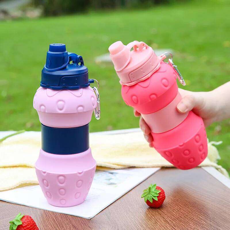 Portable Foldable 600Ml Travel Sports Strawberry Shaped Water Bottle Kids Silicone Telescopic Cup Z260313